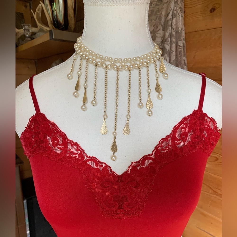 Vintage Gold Tone‎ Faux Pearl Choker Necklace Twee Coquette Glam